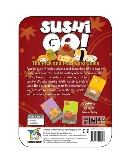 Back of a Sushi Go! card game box or package, showing the rules, contents, age icons, and a barcode on a red background with sushi illustrations.