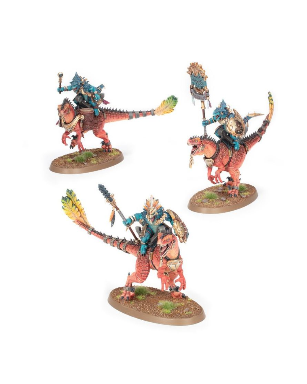 Three painted fantasy miniature figures mounted on red dinosaur-like creatures, each standing on a small textured oval base against a plain white background.