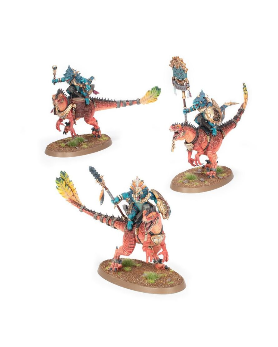 Three painted fantasy miniature figures mounted on red dinosaur-like creatures, each standing on a small textured oval base against a plain white background.