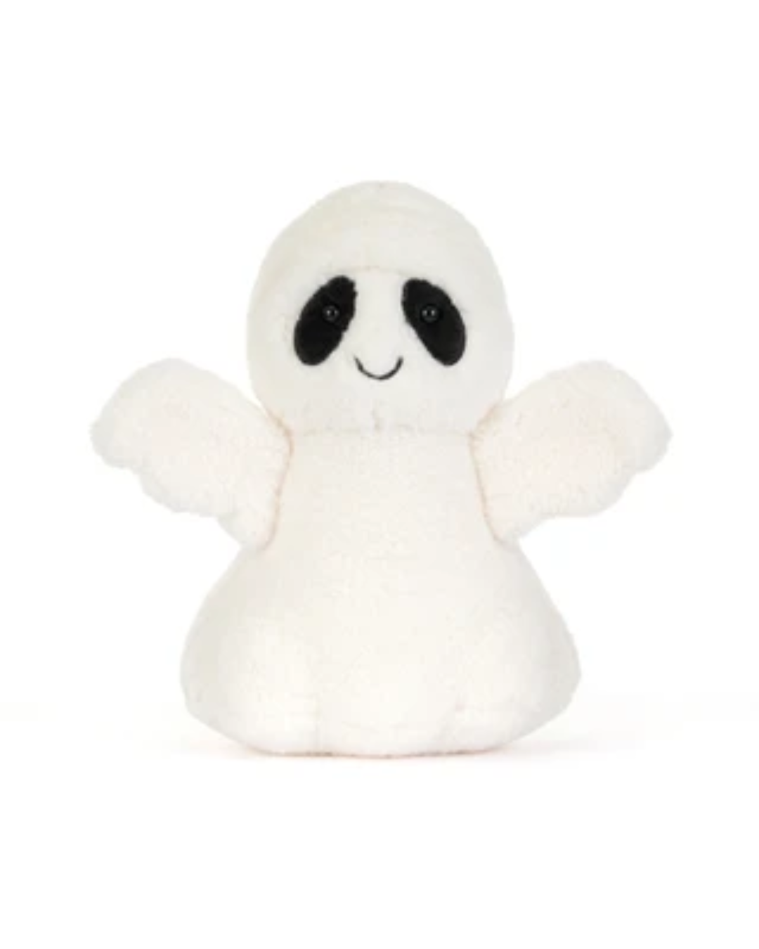 A small white plush ghost toy with black embroidered eyes, a black stitched smile, and small wings, photographed on a clean white background.