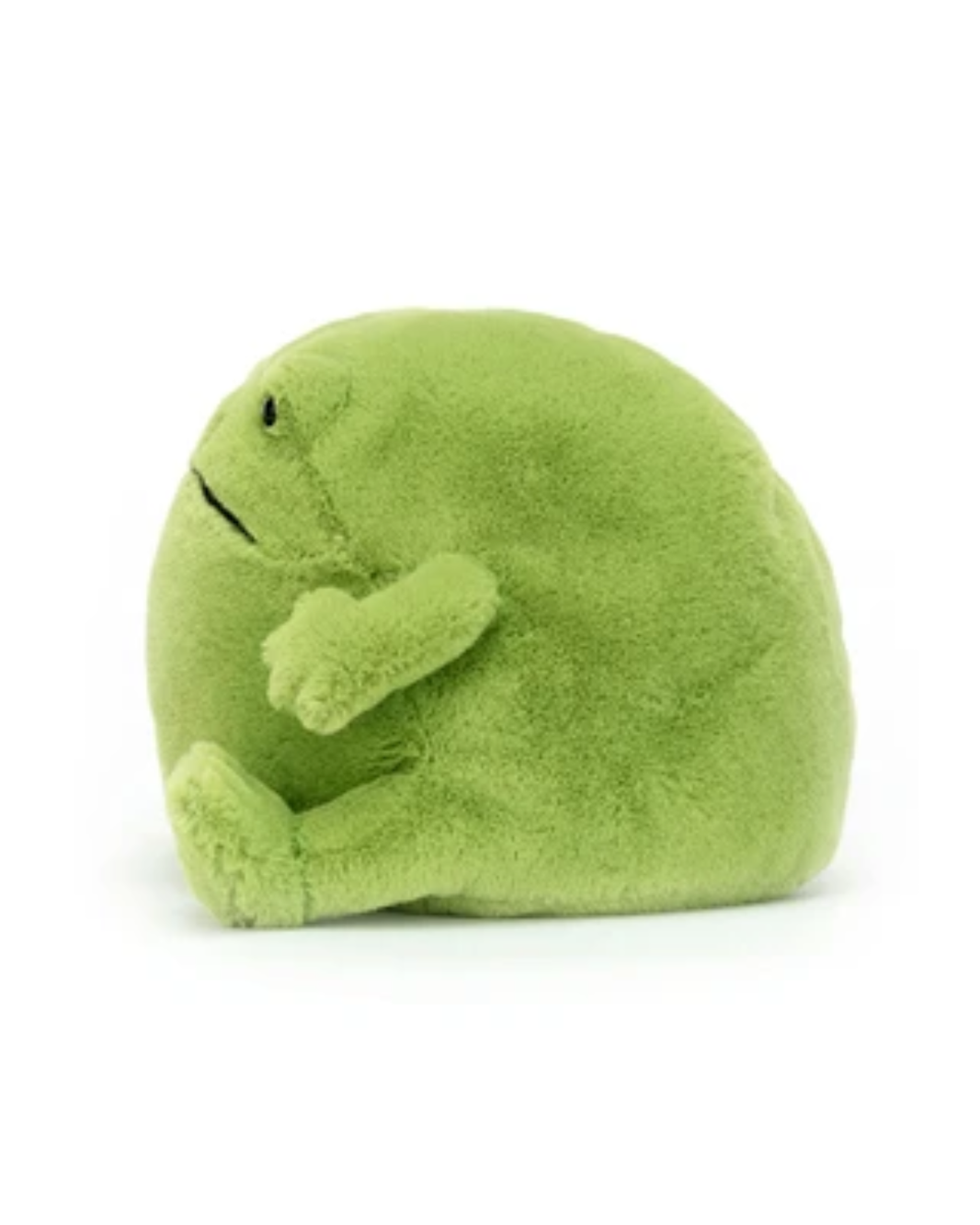 A green plush frog toy sitting on a plain white background.