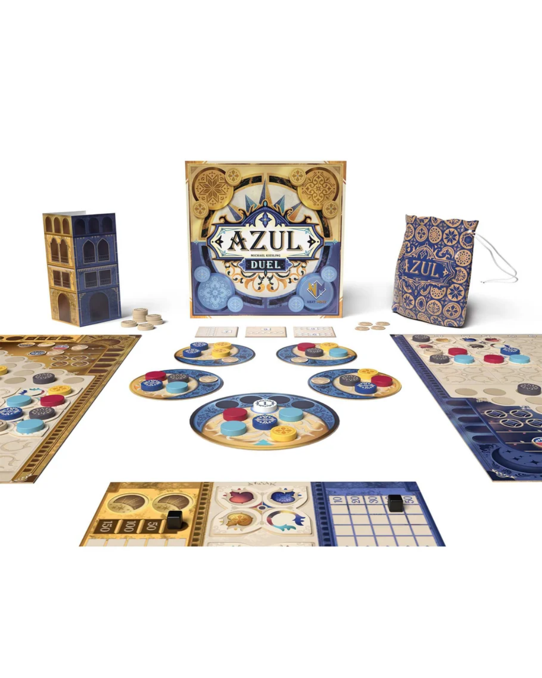 Azul Duel board game set displayed on a white background, including the main game box, play money, dice, board, city building pieces, cards, and a drawstring bag.