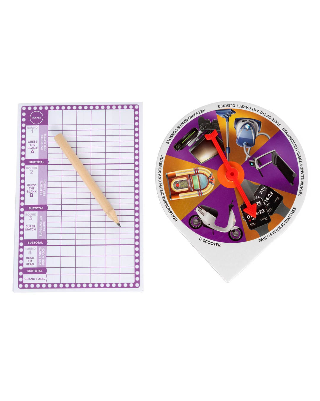 A scooter-themed wheel of fortune game and matching score sheet. The purple-bordered score sheet has a grid with a wooden pencil on it.