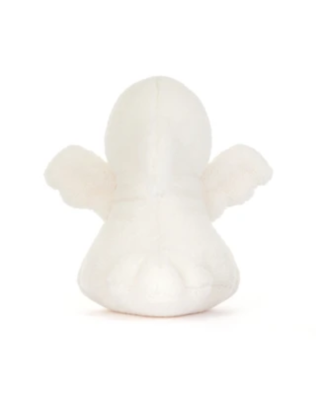 A small white plush angel toy with soft wings, photographed from the back against a plain white background.