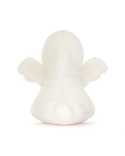 A small white plush angel toy with soft wings, photographed from the back against a plain white background.