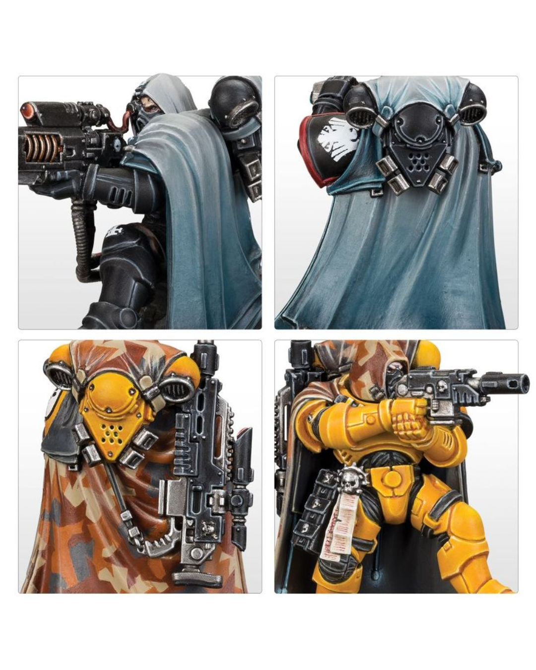Four-panel product display showing a sci-fi armored character figure from different angles, featuring a blue-gray cloak, black and silver armor, a red visor, a yellow helmet, and a yellow armor set against a plain light background.