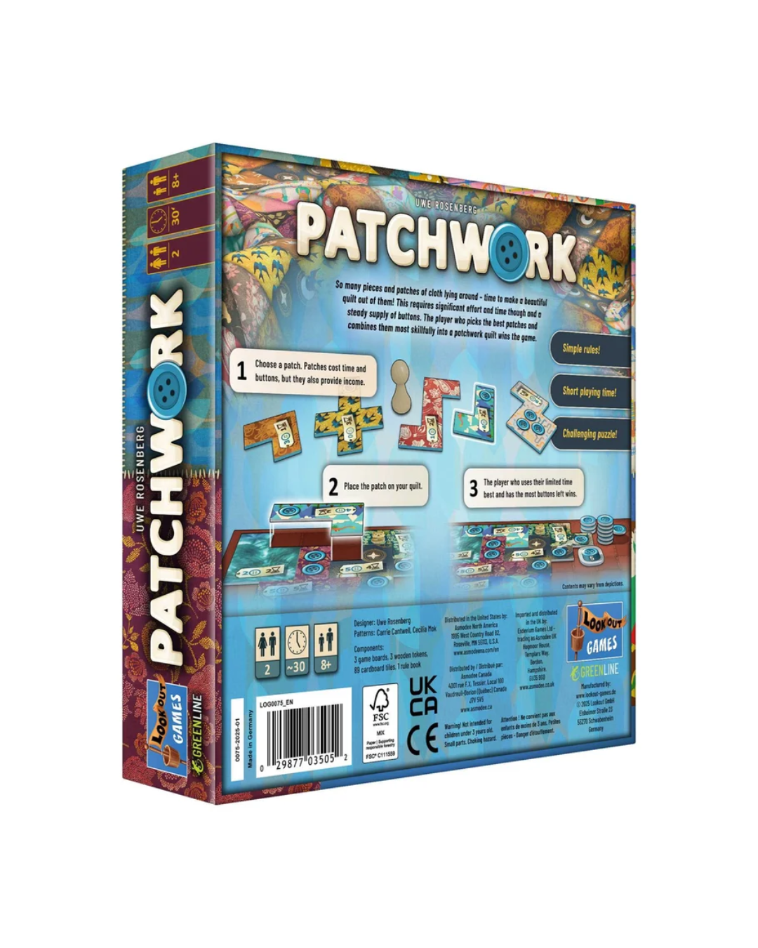 Patchwork board game box shown at a three-quarter angle on a plain white background, displaying the back and spine with colorful game graphics, rules panels, and branding.