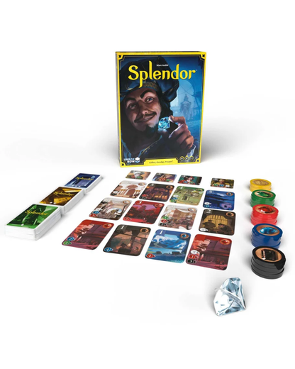 The board game Splendor with its illustrated box standing upright, surrounded by cards, gold and black coins, a silver gem, and small stacks of colored chips on a clean white background.