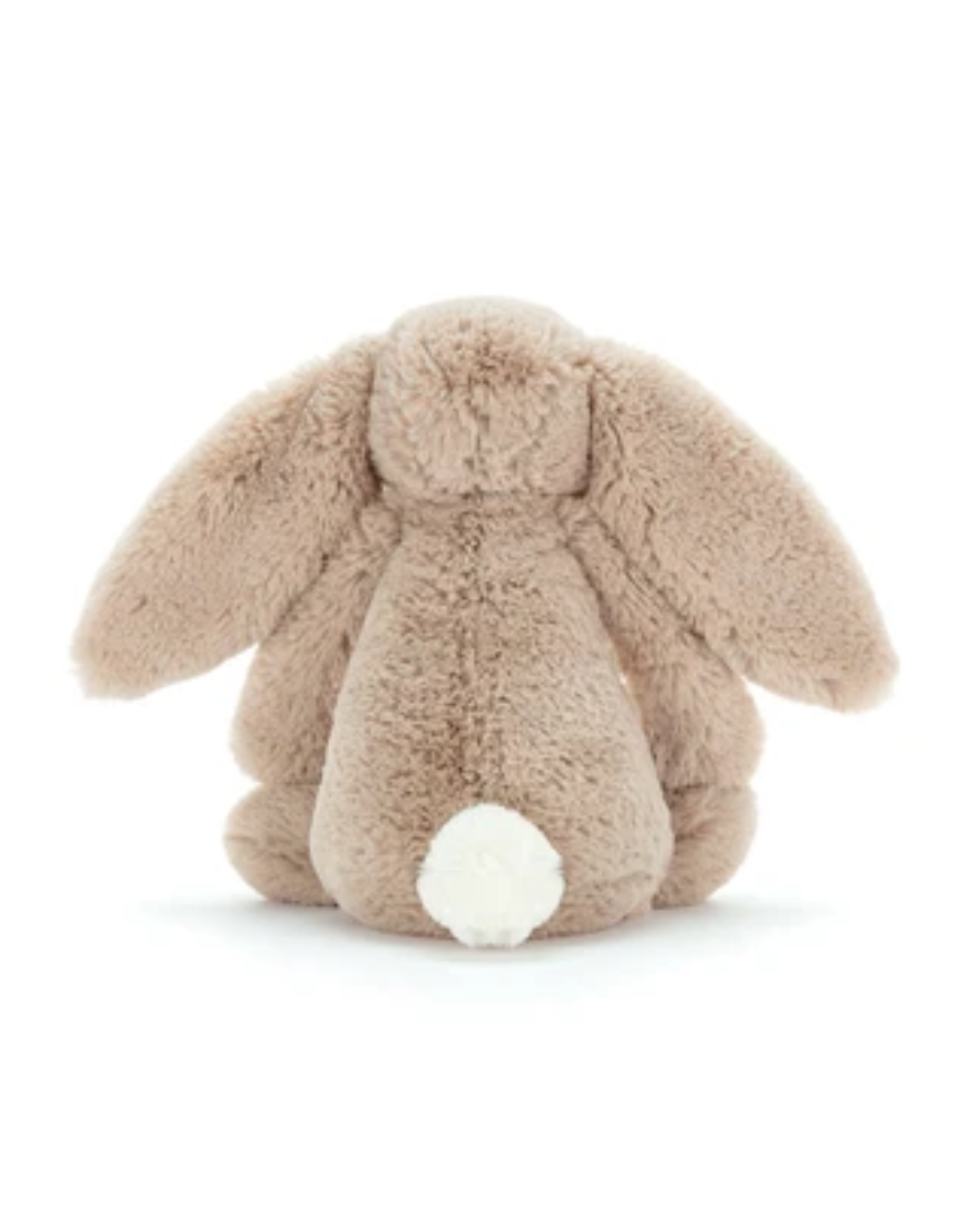 A plush bunny toy photographed from the back on a clean white background. The bunny is a warm light tan/beige color with a small white fluffy tail.