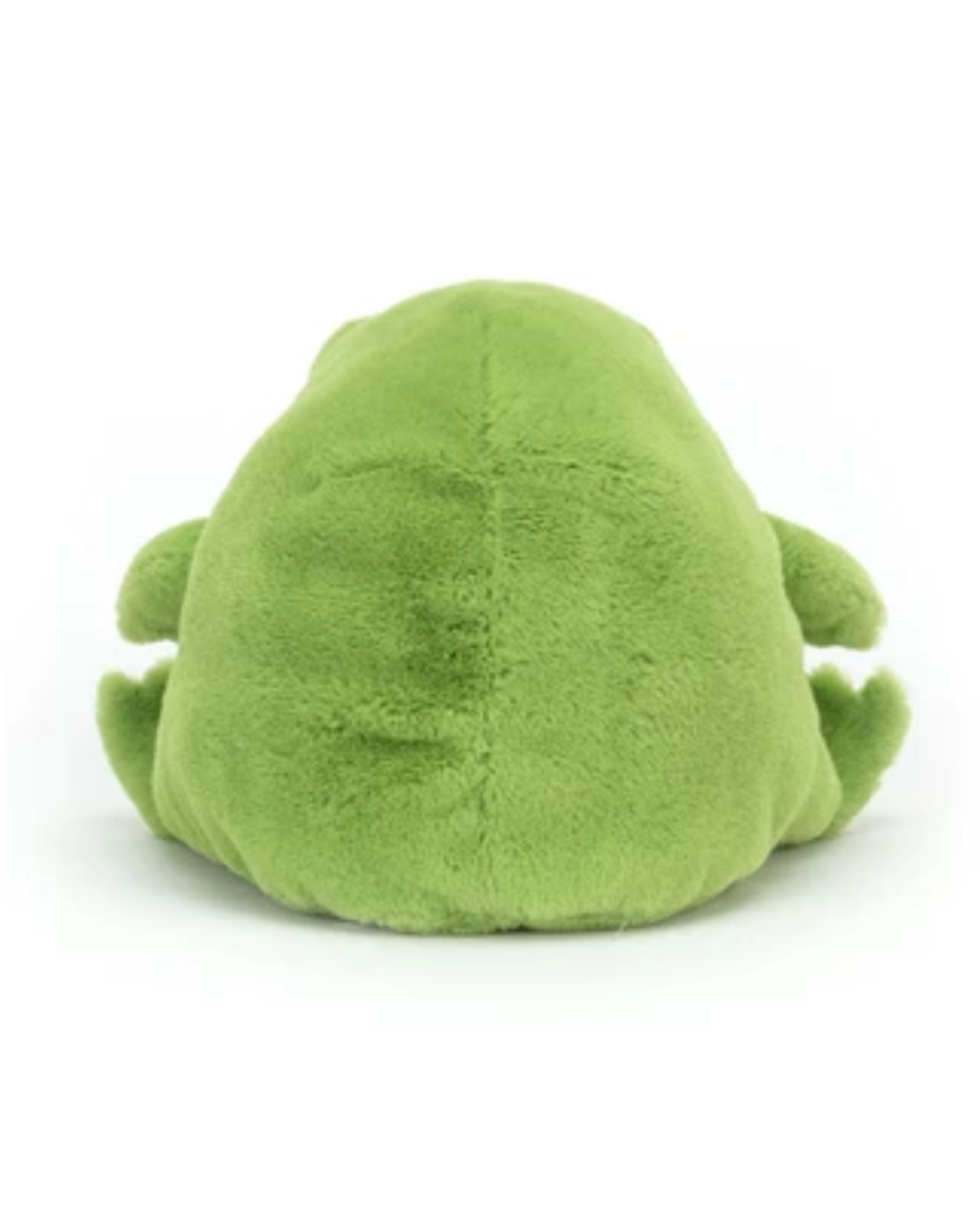 A green plush frog toy shown from the back, photographed against a clean white background.
