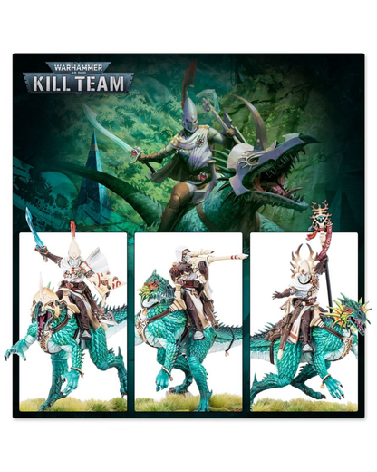 Warhammer 40k Kill Team miniatures set featuring a large central illustration of a warrior on a teal dragon above three smaller panels showing the same warrior mounted on the dragon from different angles, with the Warhammer Kill Team logo at the top.