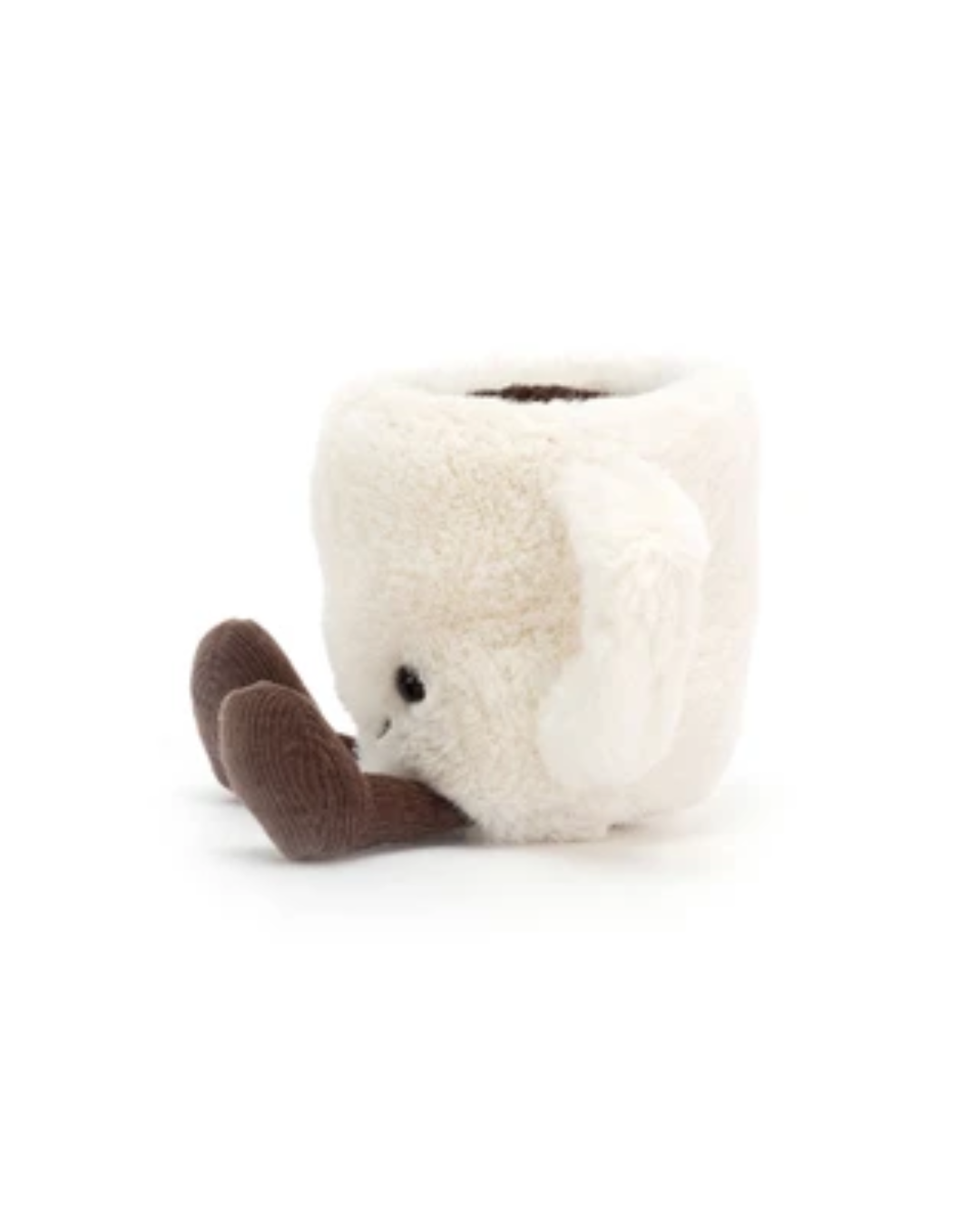 A plush, fuzzy novelty mug toy or pillow in off-white with dark brown accents, shown on a plain white background.