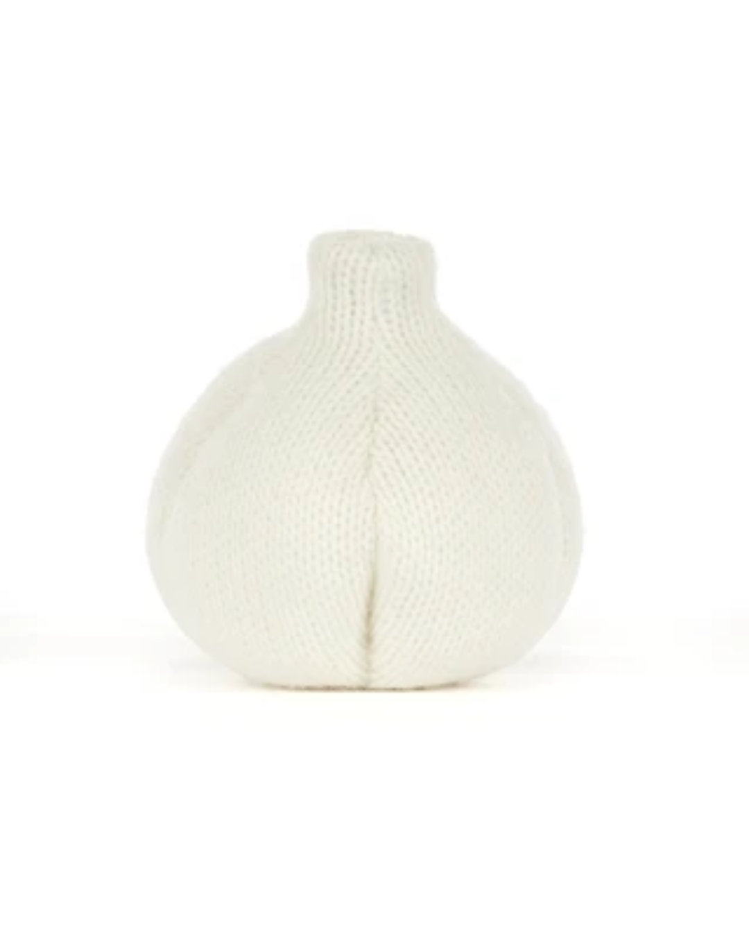 A white knit garlic-shaped decorative object with a textured knit pattern and a short neck, centered on a plain white background.