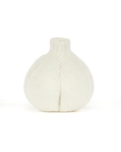 A white knit garlic-shaped decorative object with a textured knit pattern and a short neck, centered on a plain white background.