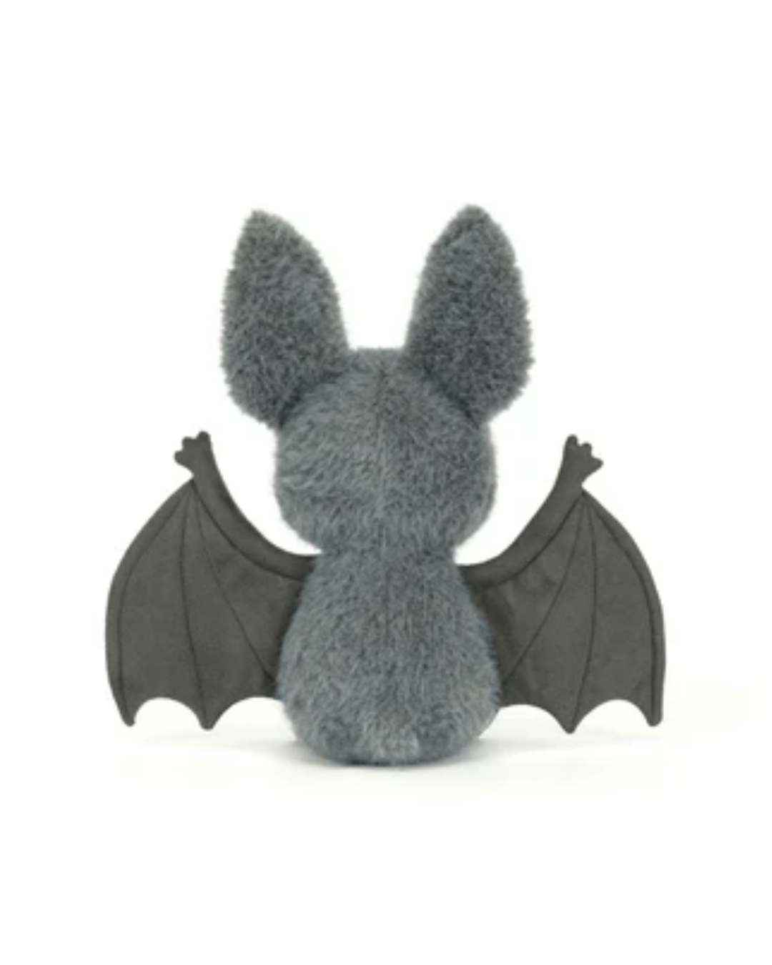 A gray plush toy shaped like a bat, shown from the back with wings spread, on a plain white background.