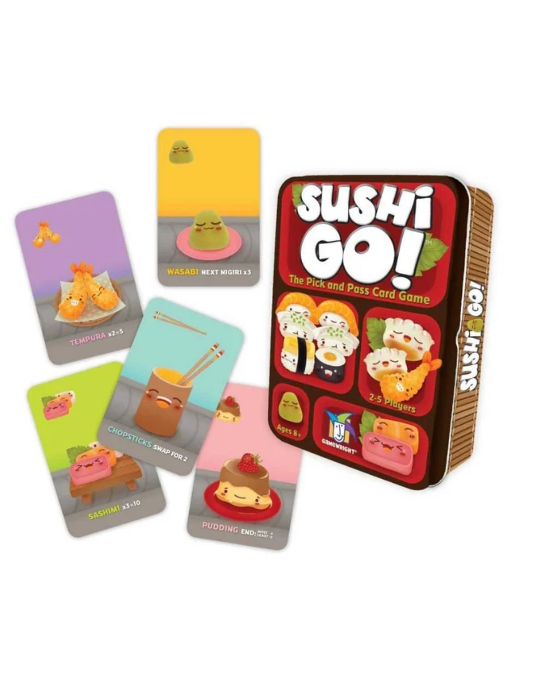 Sushi Go! The Pick and Eat Card Game with its illustrated tin box and several colorful example cards arranged on a white background.