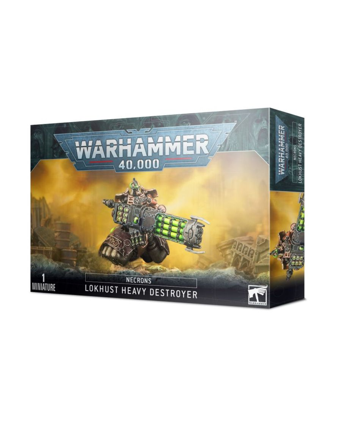 Warhammer 40,000 Lokhurst Heavy Destroyer box set by Games Workshop, featuring a sci-fi illustration of a large mecha unit with glowing green weapon panels against a smoky yellow-orange background.