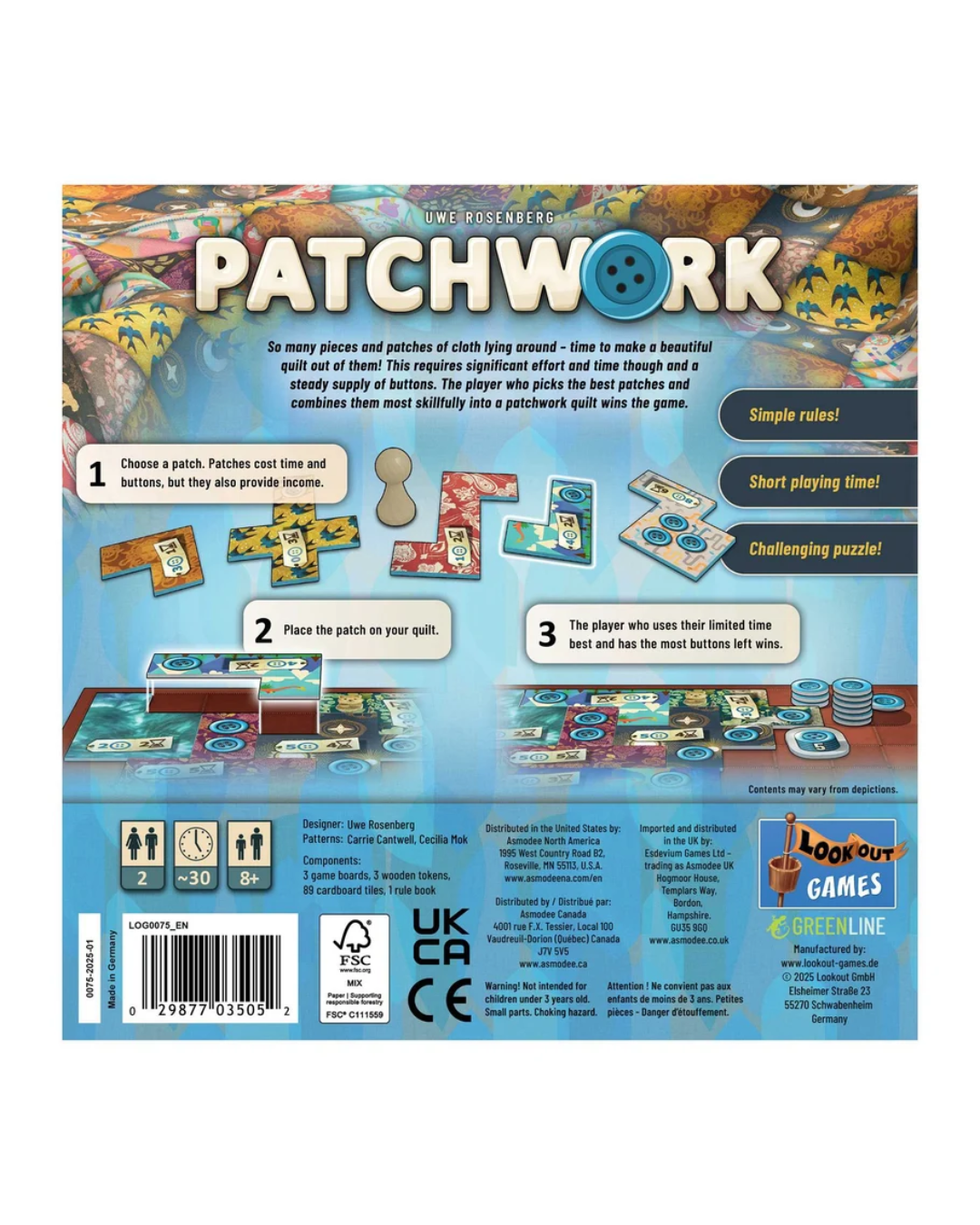 Back cover of the board game Patchwork, showing the game board, pieces, and rules text on a blue background with a barcode and publisher branding.