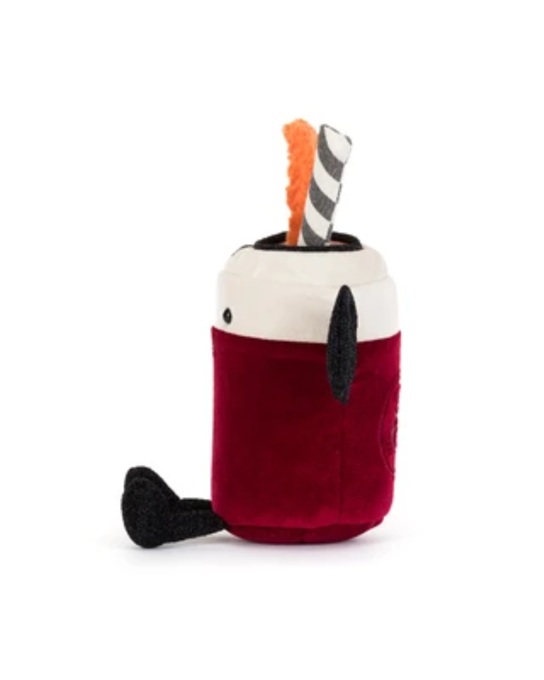 A plush dog toy shaped like a red and white beverage can, featuring black ears, a black tail, and two treats sticking out of the top: an orange bone-shaped treat and a striped candy cane-shaped treat, photographed on a solid white background.