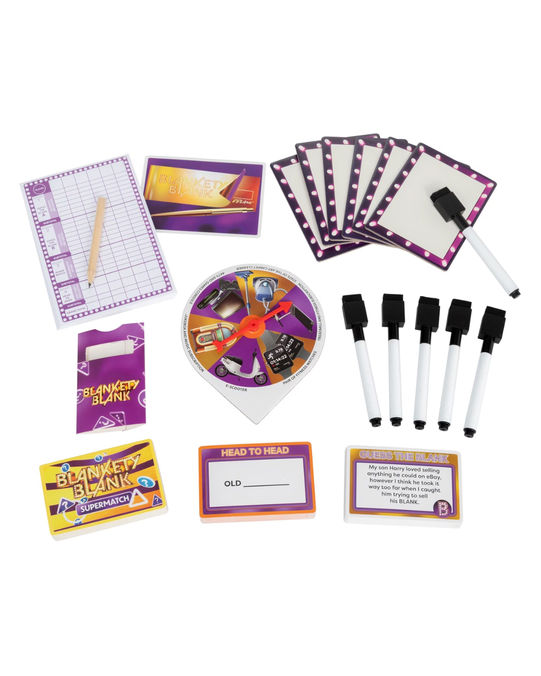 A Brinkers Blanks toy craft kit laid out on a white background, including a grid notepad with a pencil, whiteboards with markers, a spinning disc, cards, sticky notes, and small accessory pieces.