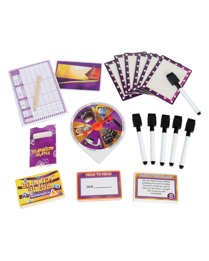 A Brinkers Blanks toy craft kit laid out on a white background, including a grid notepad with a pencil, whiteboards with markers, a spinning disc, cards, sticky notes, and small accessory pieces.