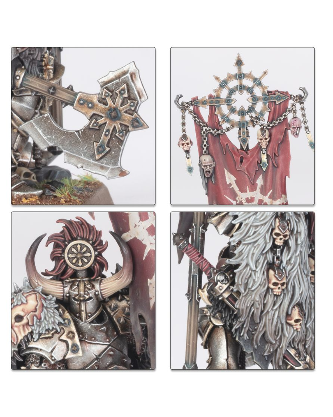 Four square panels showing detailed Warhammer miniature designs, featuring metallic silver and bronze armor, a red draped banner with skulls, a horned figure, and a skeleton warrior.