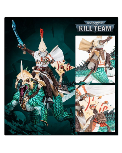 Warhammer 40k Kill Team tabletop miniatures playmat featuring a detailed illustration of a warrior on a green dragon, with three smaller detail inset images on the right and the Warhammer 40k Kill Team logo at the top right.