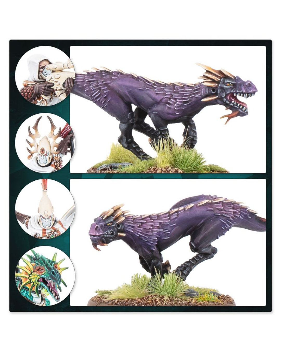 A Warhammer miniature shown in two views on a white background with circular inset artwork on the left. The main subject is a purple, dinosaur-like dragon or beast figurine with horns, standing on a grassy base.