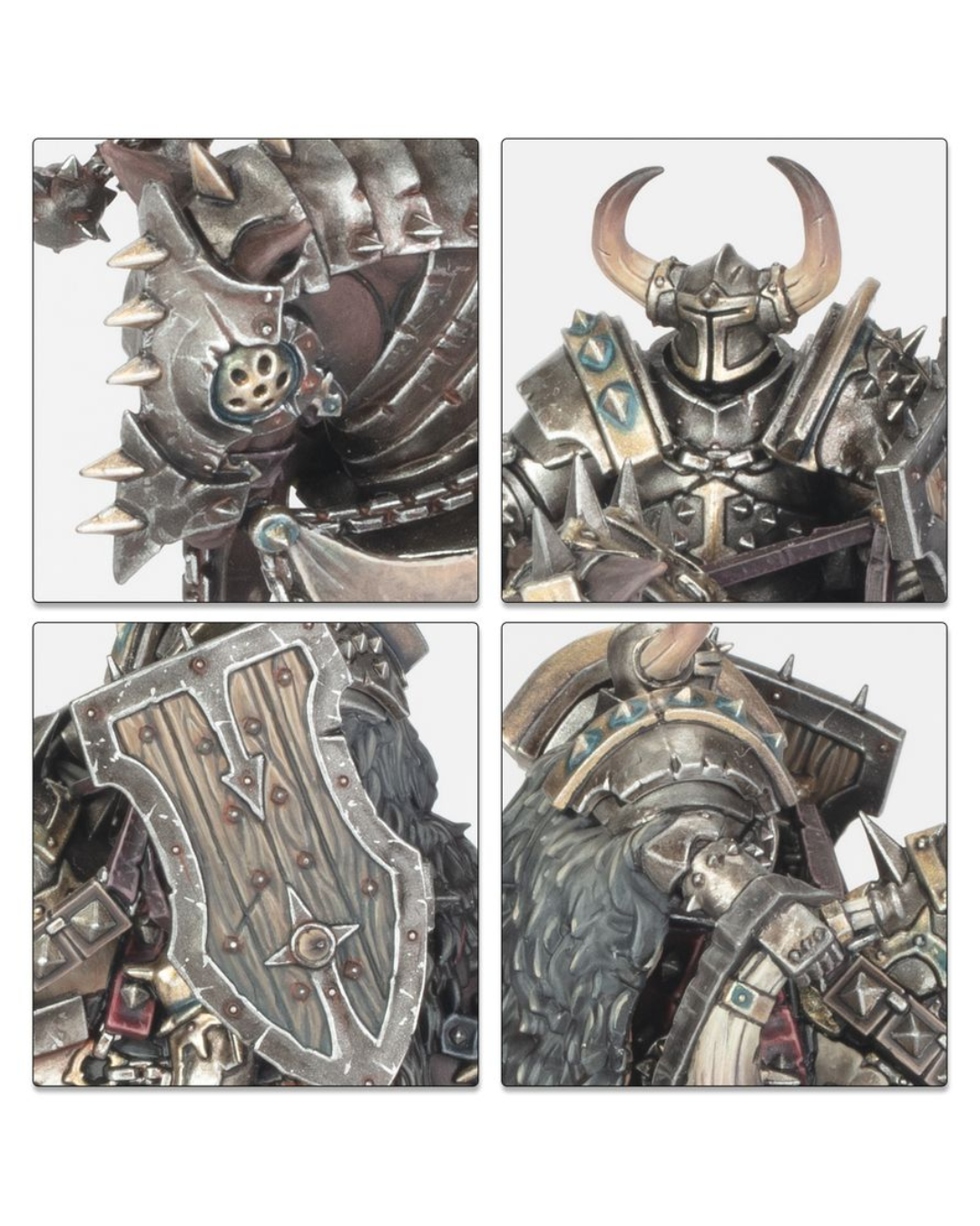 Four square product panels showing close-up views of a fantasy armored warrior figure, including a horned helmet, shoulder armor, shield, and body details, arranged in a 2x2 grid on a white background.