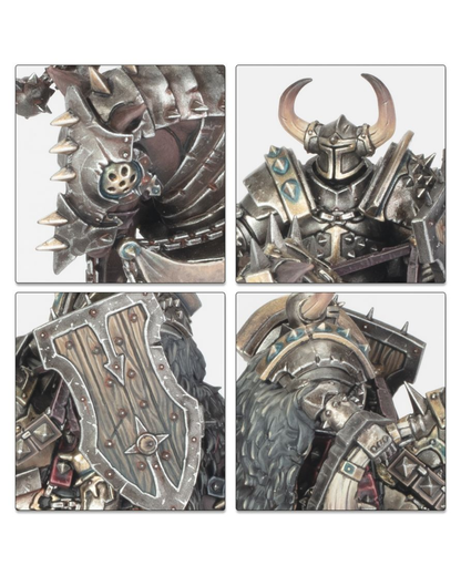 Four square product panels showing close-up views of a fantasy armored warrior figure, including a horned helmet, shoulder armor, shield, and body details, arranged in a 2x2 grid on a white background.
