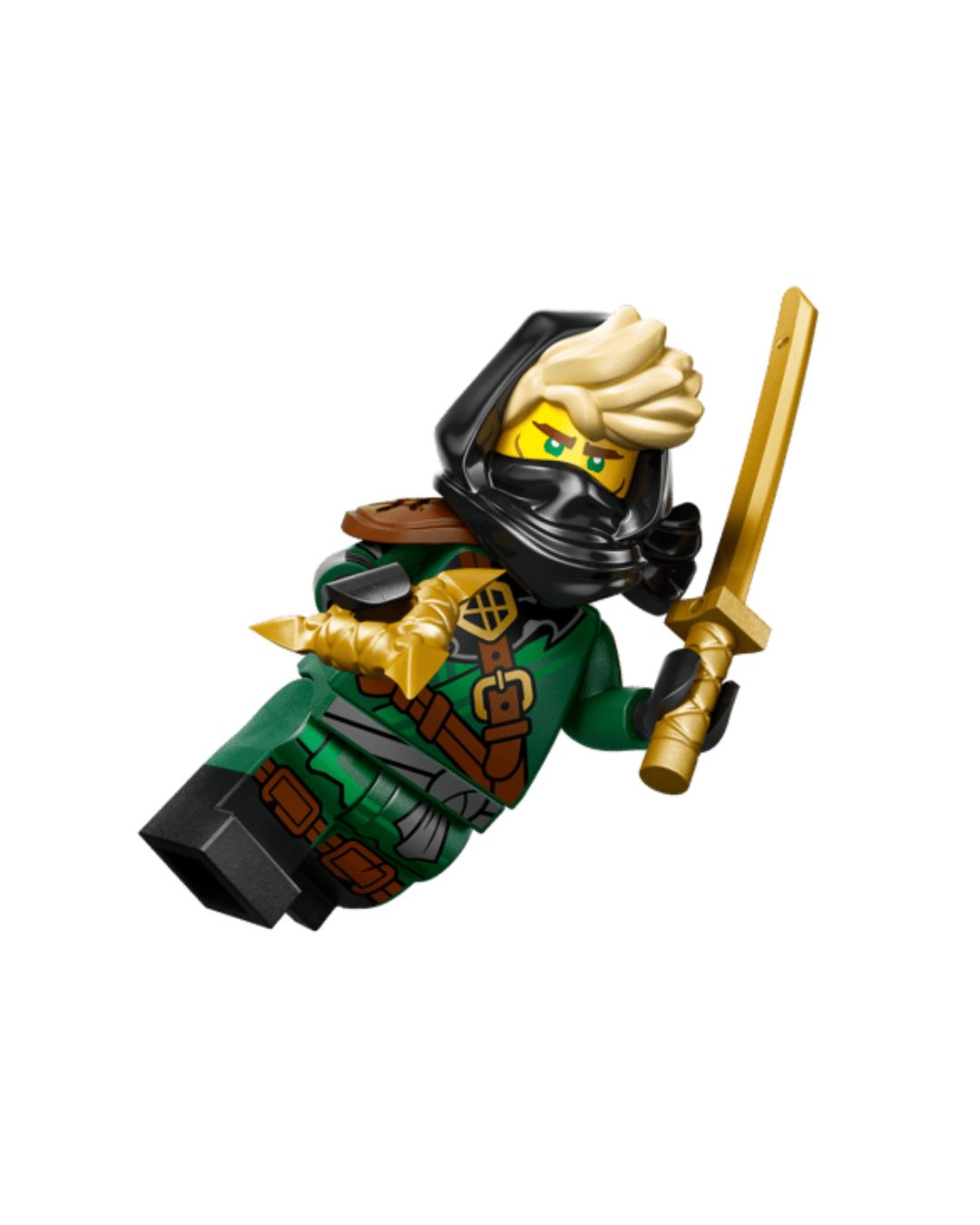 LEGO figure in green and black outfit with a sword on a white background