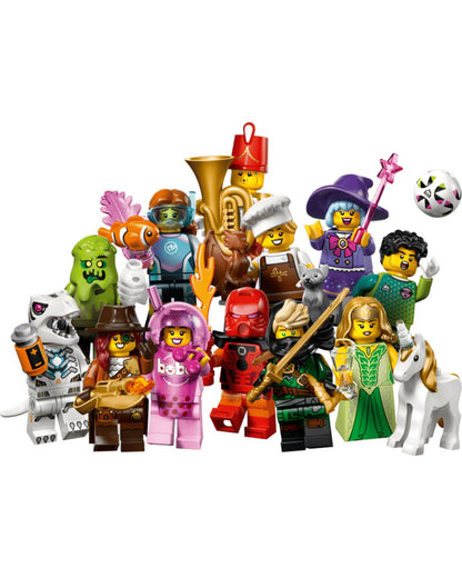 Collection of colorful LEGO minifigures on a white background