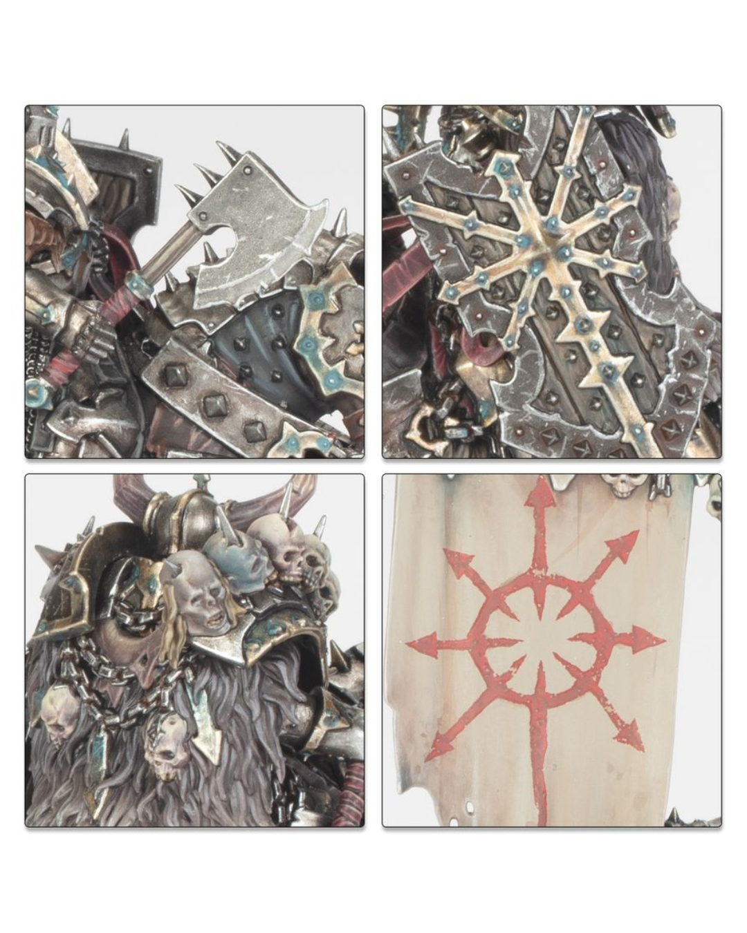 Four-panel close-up collage of a detailed Warhammer armored character and related artwork: a large battle axe, ornate metallic shield, skull-adorned helmet, and a beige banner with a red star-like emblem.