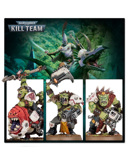 Warhammer 40k Kill Team miniatures set featuring three green-skinned orcs with weapons mounted on red and white skulls, displayed below a main illustration of a warrior on a beast.
