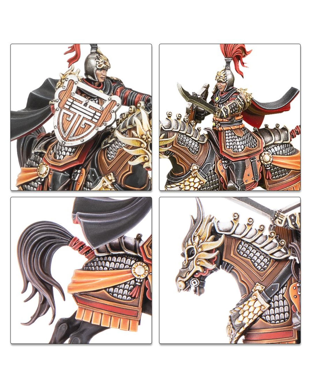 Four-panel product detail collage of a Warhammer armored horse-mounted warrior miniature on a white background, showing the helmet, shield, body armor, horse head, and tail details.