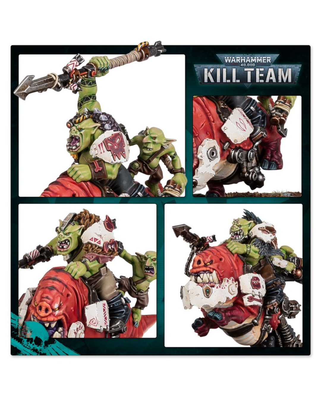 Warhammer 40k Kill Team zombie ork miniature set, shown in a four-panel layout with close-up detail views and the Warhammer 40k logo in the top right.