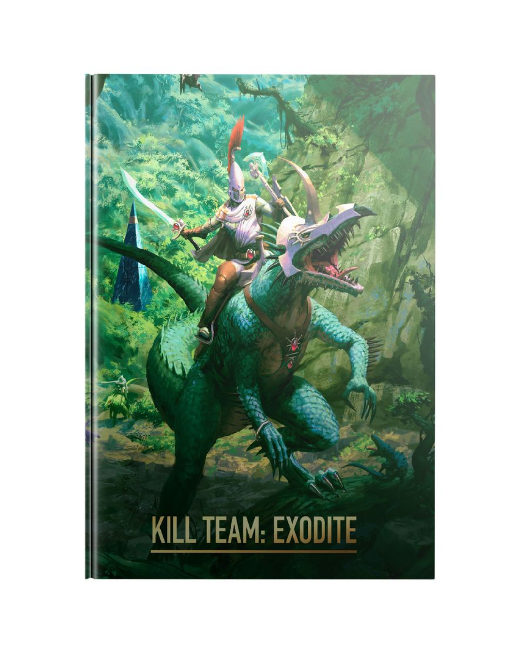 A hardcover book or notebook titled 'KILL TEAM: EXODITE' featuring fantasy artwork of a rider on a green dinosaur-like creature in a forest scene.