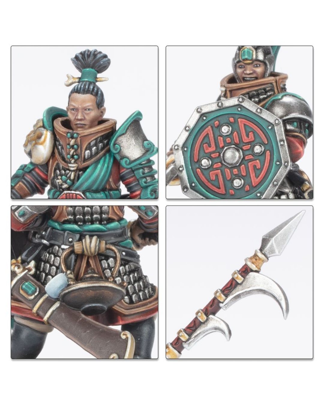 Four-panel product detail view of a fantasy warrior miniature or figurine, showing the full face, armor details, shield, and a double-bladed weapon on a light gray background.