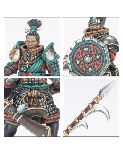 Four-panel product detail view of a fantasy warrior miniature or figurine, showing the full face, armor details, shield, and a double-bladed weapon on a light gray background.