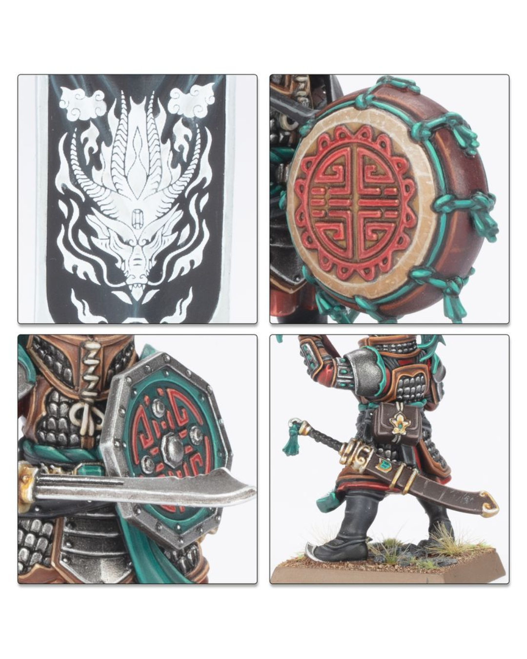 Four-panel close-up of a painted fantasy warrior miniature, showing the black-and-white crest banner, round shield with red symbol and teal trim, armor details, and the full figure standing on a base against a white background.