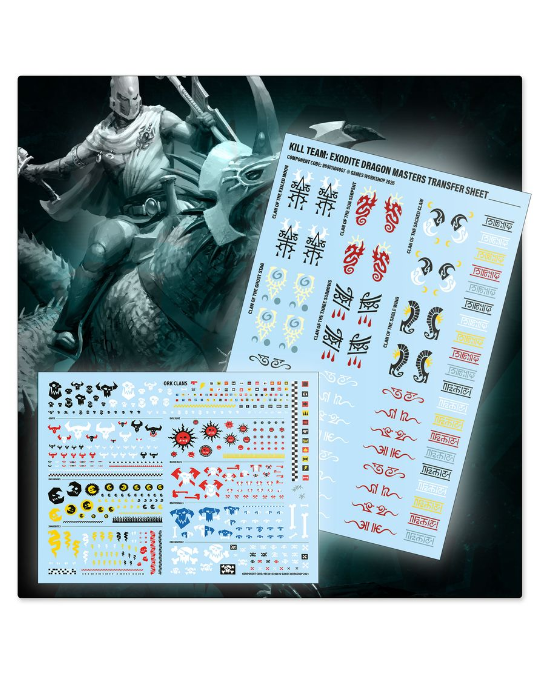Two sheets of miniature decal stickers displayed over a dark fantasy illustration of a dragon rider. The top-right sheet is titled 'KILL TEAM EXODUS DRAGON MASTERS TRANSFER SHEET' and features red, black, and white markings.