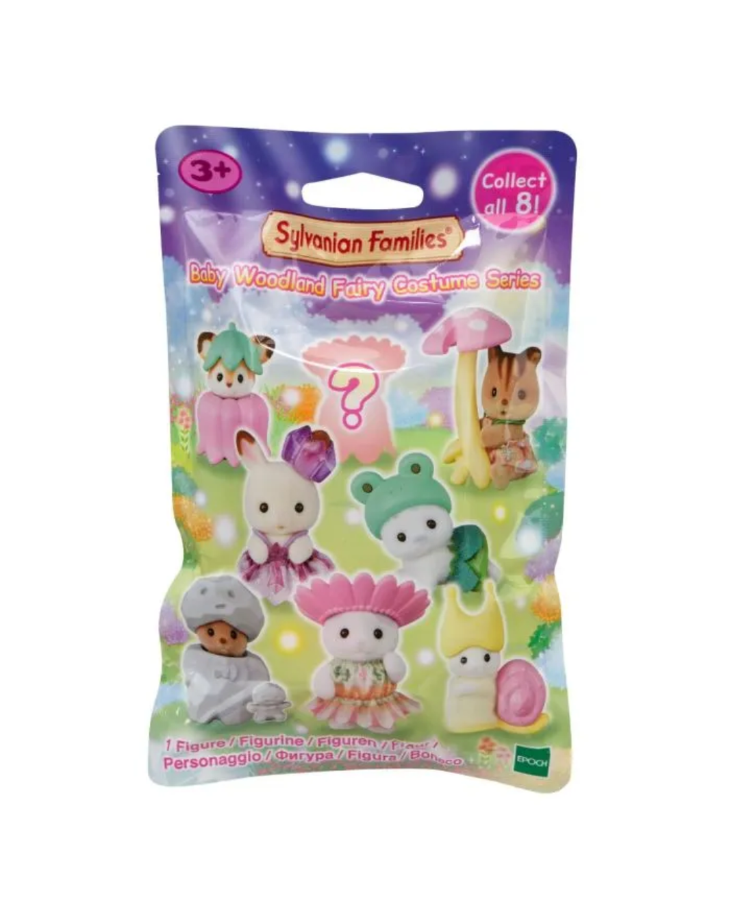 Sylvanian Families collectible blind bag featuring woodland fairy costume series figures, with a purple and green illustrated package on a white background.