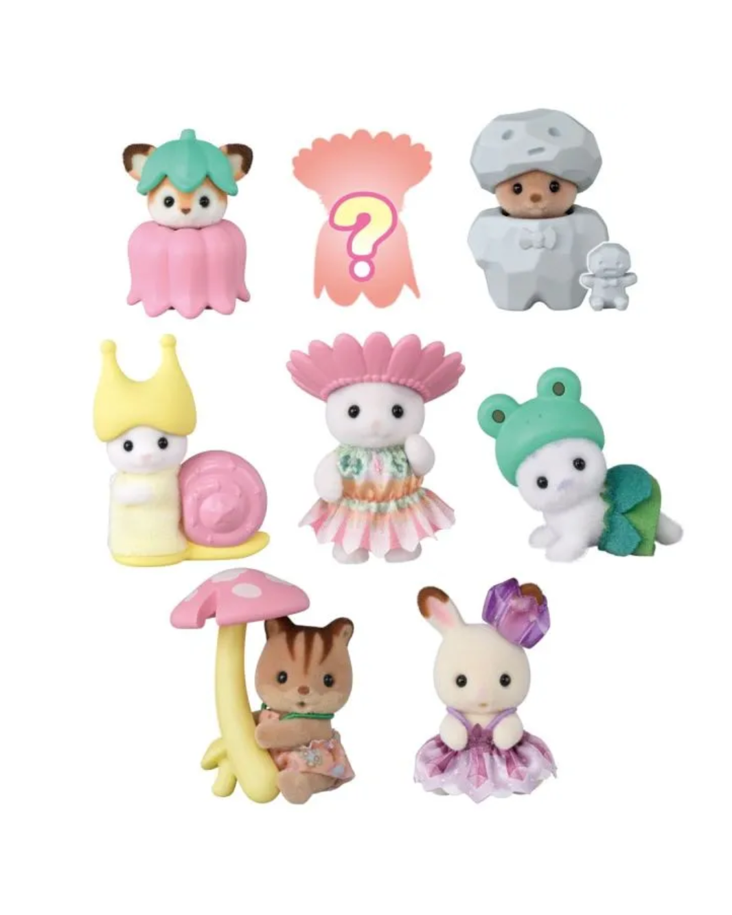 A set of nine Calico figurines from the Silly Tilly series, including various animal characters in colorful outfits and accessories, with one figure replaced by a pink question mark placeholder, all on a plain white background.