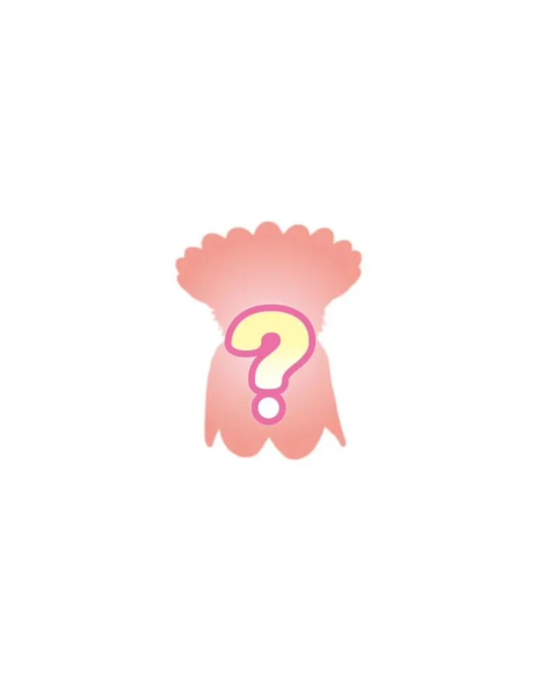 A pink silhouette sylvanian icon with a yellow and pink question mark in the center, set against a plain white background.