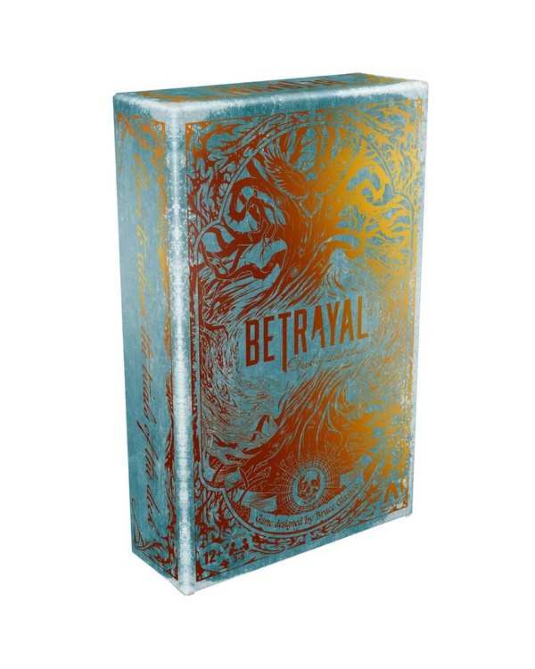 A rectangular product box with a distressed turquoise and orange design, featuring the word 'BETRAYAL deck of lost souls' printed across the front, shown on a plain white background.