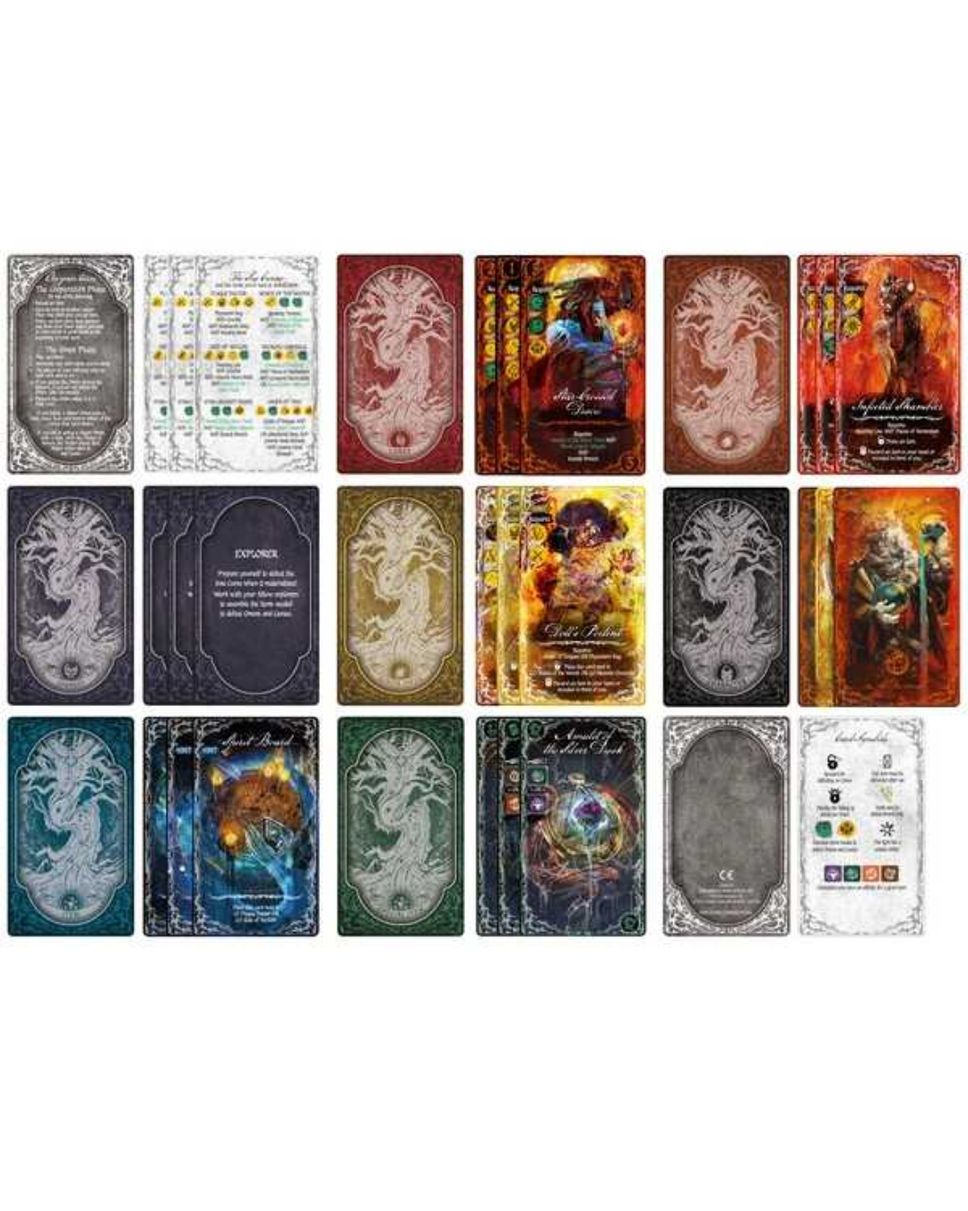 A 3x6 grid of fantasy trading card back designs and sample card faces on a plain white background, showing multiple colorways and artwork styles.