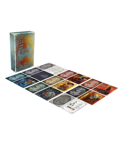 A boxed card game set with a tall illustrated box standing upright and multiple cards spread out in front on a plain white background.