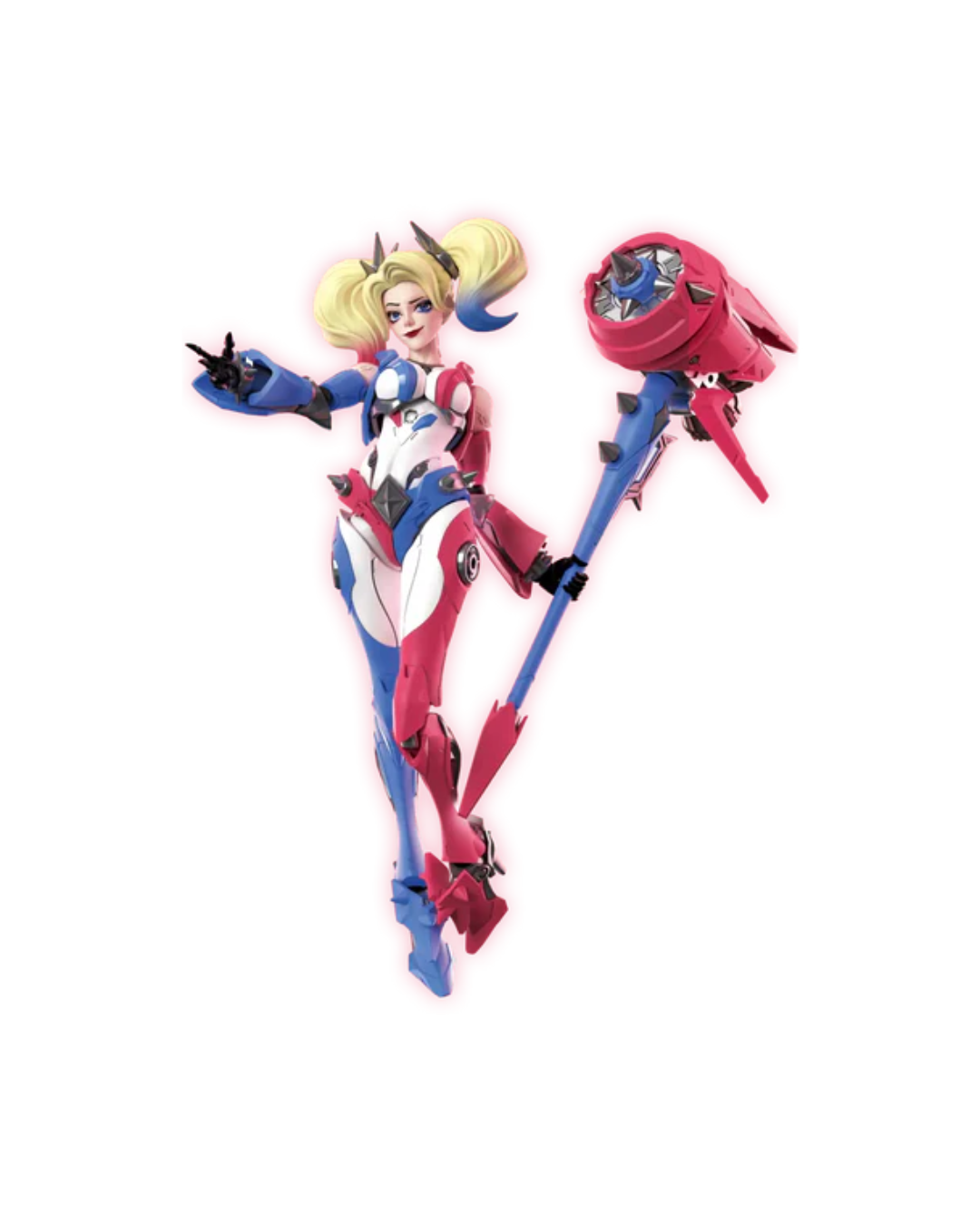 A stylized action figure of Harley Quinn against a plain white background, holding a large red and blue weapon. The figure has blonde hair, a blue and white bodysuit, and red accents.