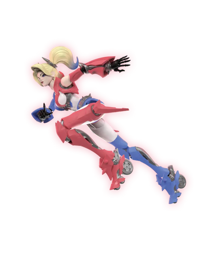 A stylized action figure or collectible character posed dynamically against a plain white background. The figure has blonde hair, a red and white bodysuit with blue accents, black gloves, and blue roller skate boots.
