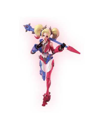 A stylized action figure of a blonde female character with pigtails, wearing a red, white, and blue futuristic bodysuit and holding a blue-and-red staff-like weapon, isolated on a white background with a pink glow effect.